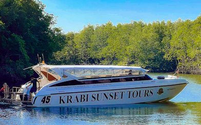 Speedboat for Krabi Sunset Tours on water near lush greenery, Phi Phi Islands.