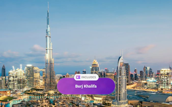Burj Khalifa towering over Dubai skyline at dusk.