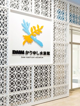 DMM Kariyushi Aquarium entrance sign with decorative wall pattern.