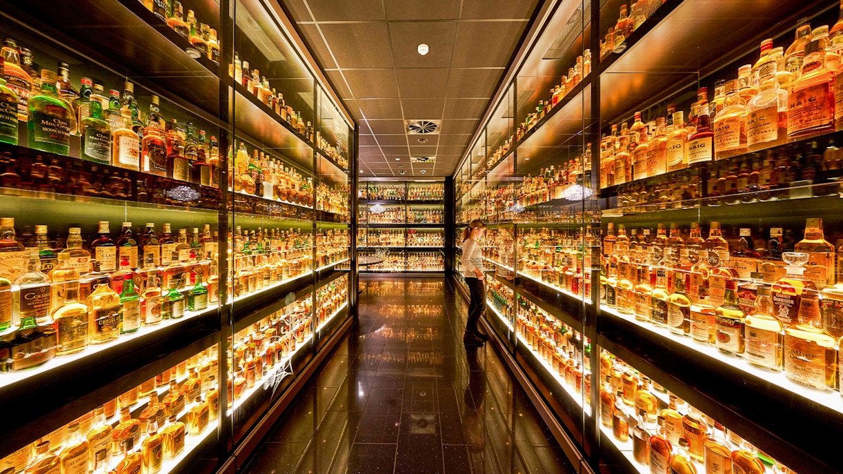 Different kinds of whiskeys displayed at Scotch Whisky Experience, Edinburgh.