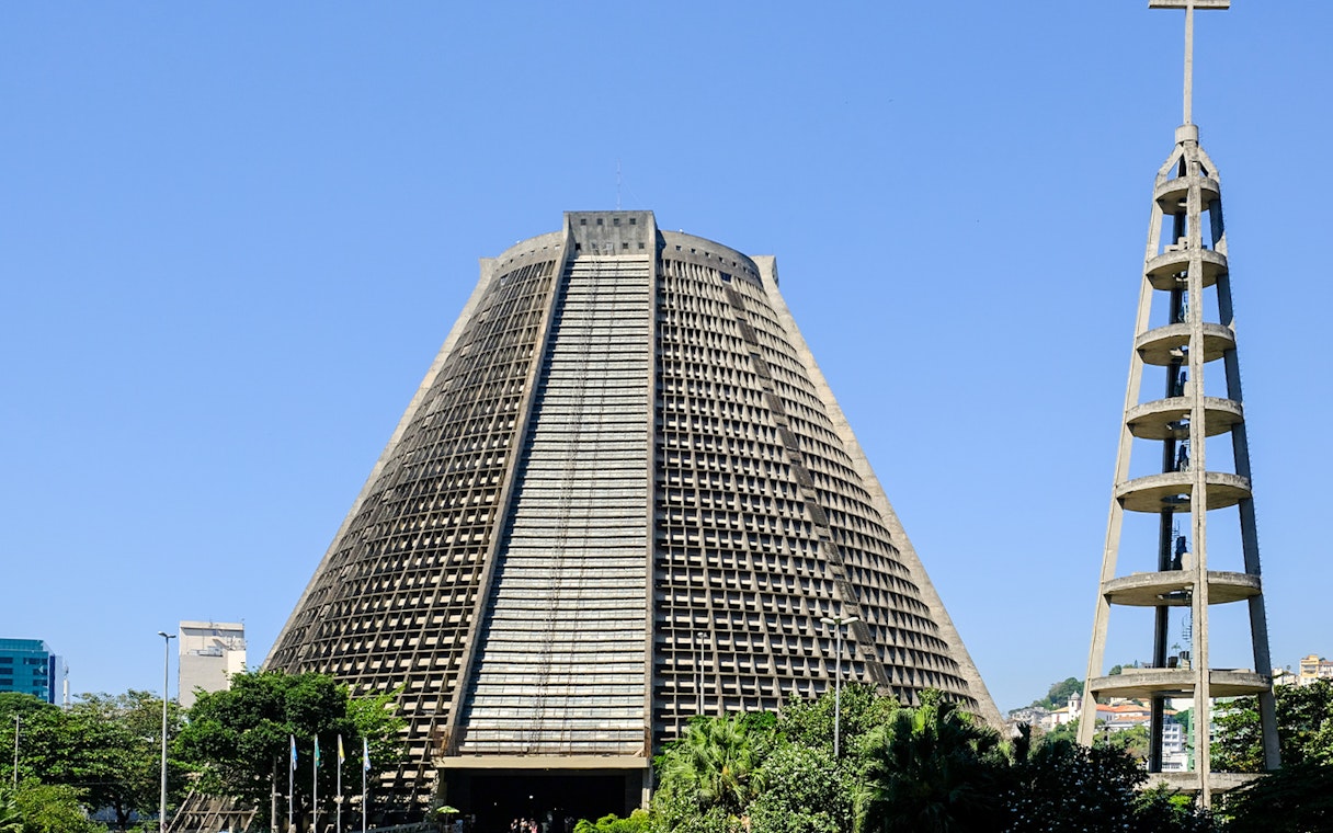 Metropolitan Cathedral of Saint Sebastian in Rio de Janeiro with bell tower.