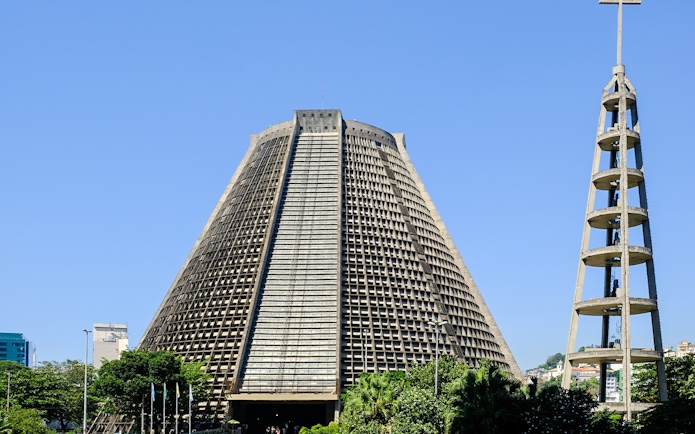 Metropolitan Cathedral of Saint Sebastian in Rio de Janeiro with bell tower.
