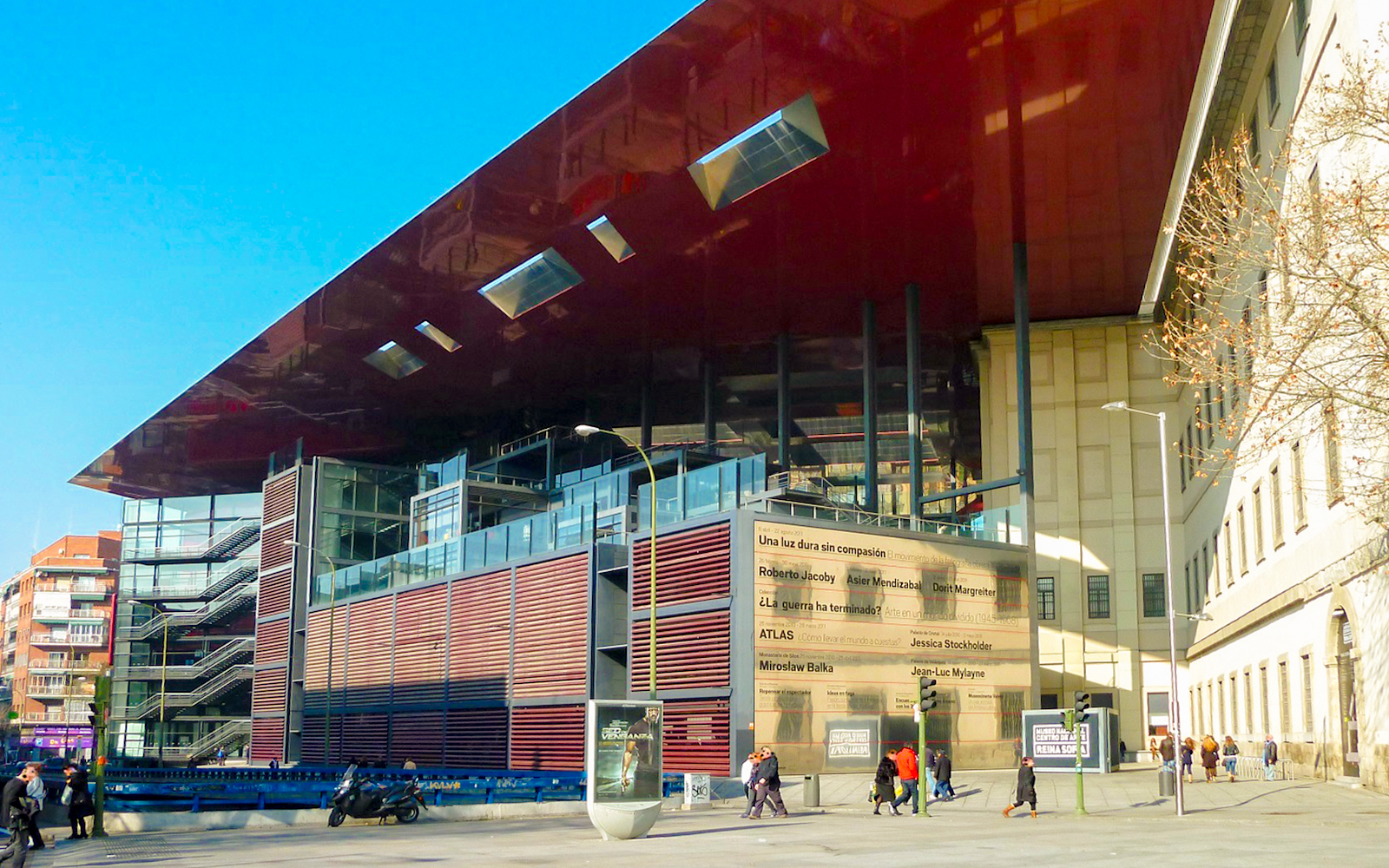 Nouvel Building entrance of Reina Sofia Museum in Madrid with modern architectural design.