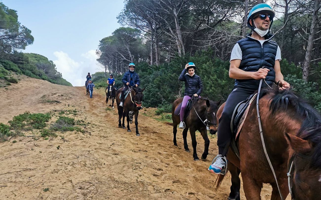 Group horseback riding on a sandy trail in Porto Ferro, surrounded by trees.