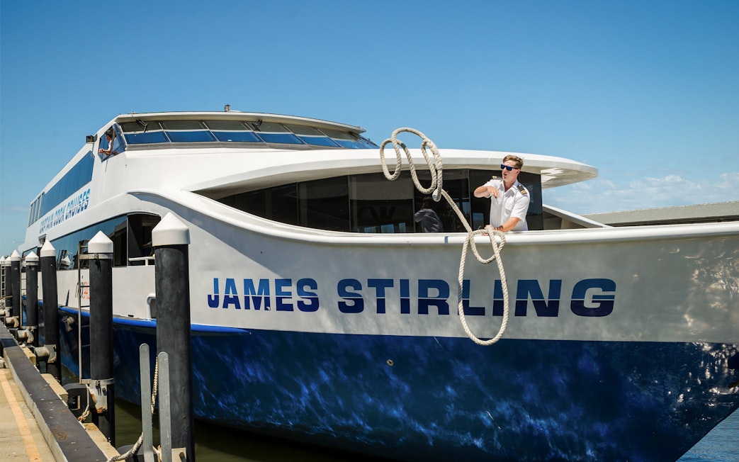 Cruise ship James Stirling docked at Fremantle for Swan River scenic tour.