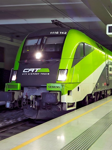 City Airport Train at station platform, Vienna, Austria.