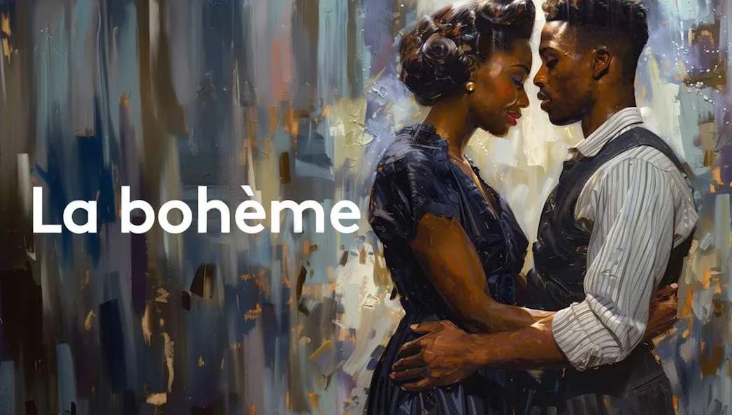Couple embracing in front of abstract background with "La bohème" text.