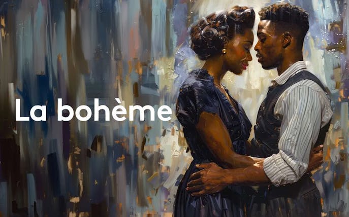 Couple embracing in front of abstract background with "La bohème" text.
