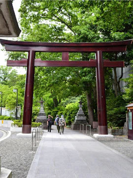 Traditional Torii gate at a hidden shrine near Takeshita Street, Tokyo, surrounded by greenery.