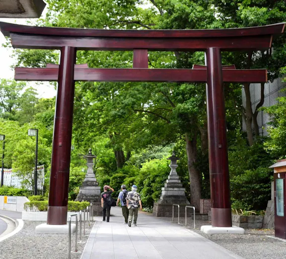 Traditional Torii gate at a hidden shrine near Takeshita Street, Tokyo, surrounded by greenery.