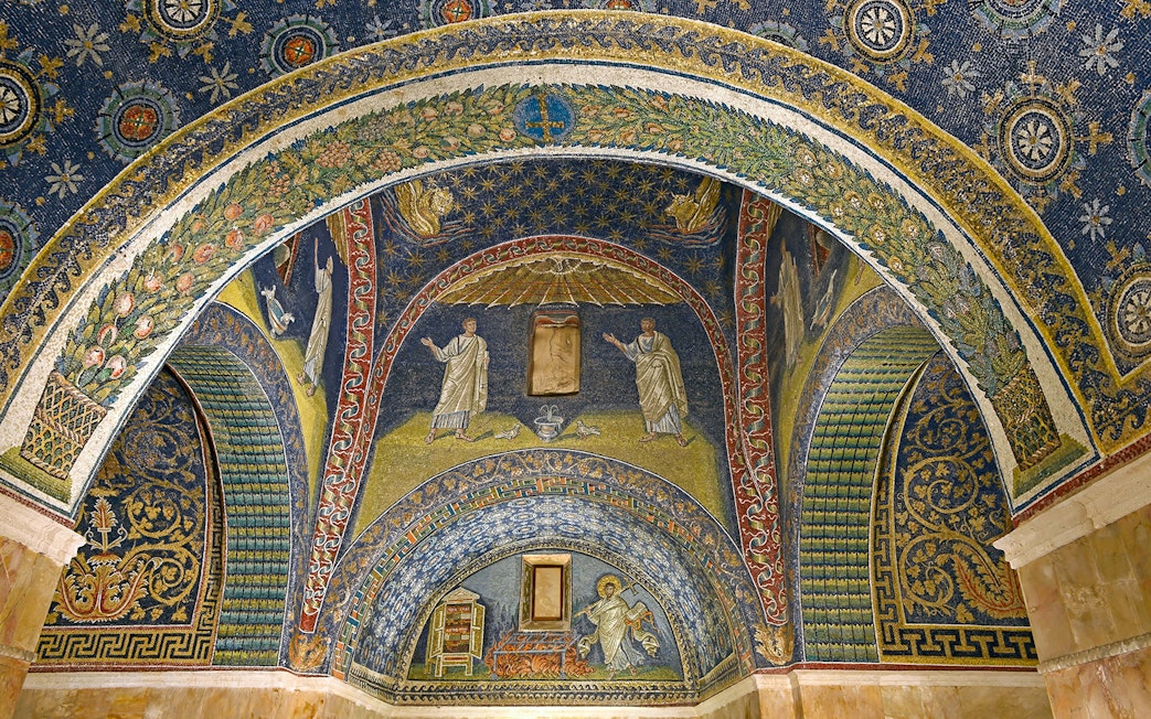 Ravenna mosaic depicting biblical figures and intricate designs in a historic monument.