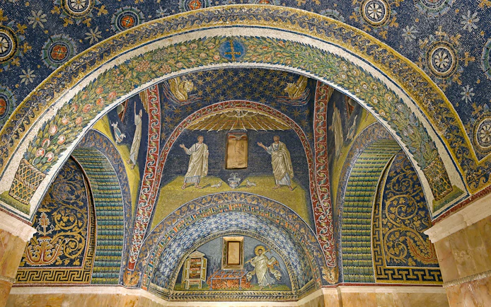 Ravenna mosaic depicting biblical figures and intricate designs in a historic monument.