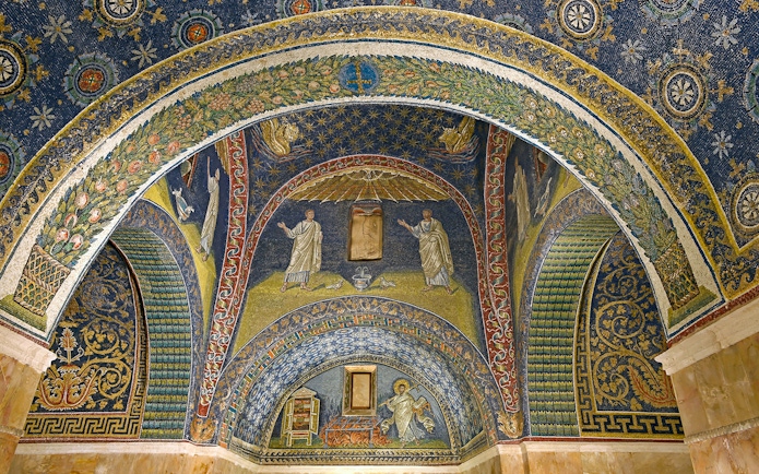 Ravenna mosaic depicting biblical figures and intricate designs in a historic monument.