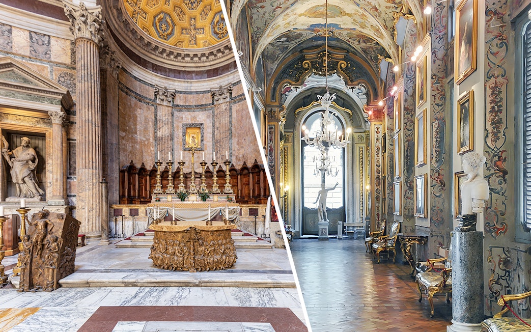 Pantheon altar and Doria Pamphilj Gallery interior in Rome, showcasing ornate architecture and art.