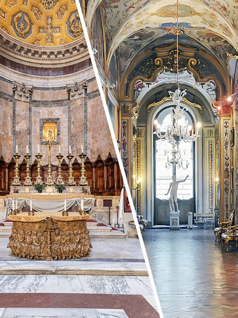 Pantheon altar and Doria Pamphilj Gallery interior in Rome, showcasing ornate architecture and art.