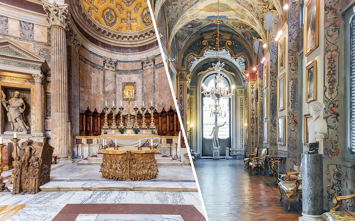 Pantheon altar and Doria Pamphilj Gallery interior in Rome, showcasing ornate architecture and art.