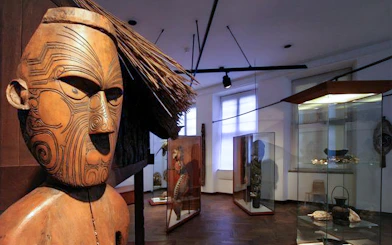 Ethnographic artifacts displayed at the National Museum of Denmark exhibit.