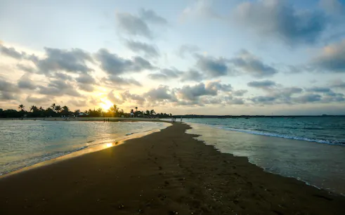 Sunset over Coroa Vermelha beach, Porto Seguro, with palm trees and ocean view.