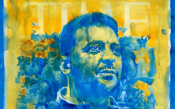 Watercolor portrait in blue and yellow at Yan Pei-Ming's Painting Histories, Palazzo Strozzi.