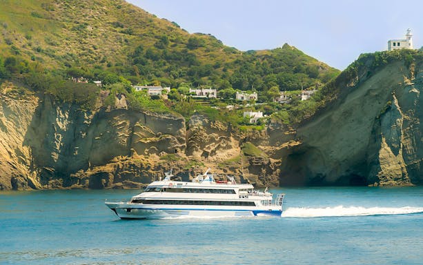 Ferry cruising near rocky cliffs on Ischia day trip from Naples.