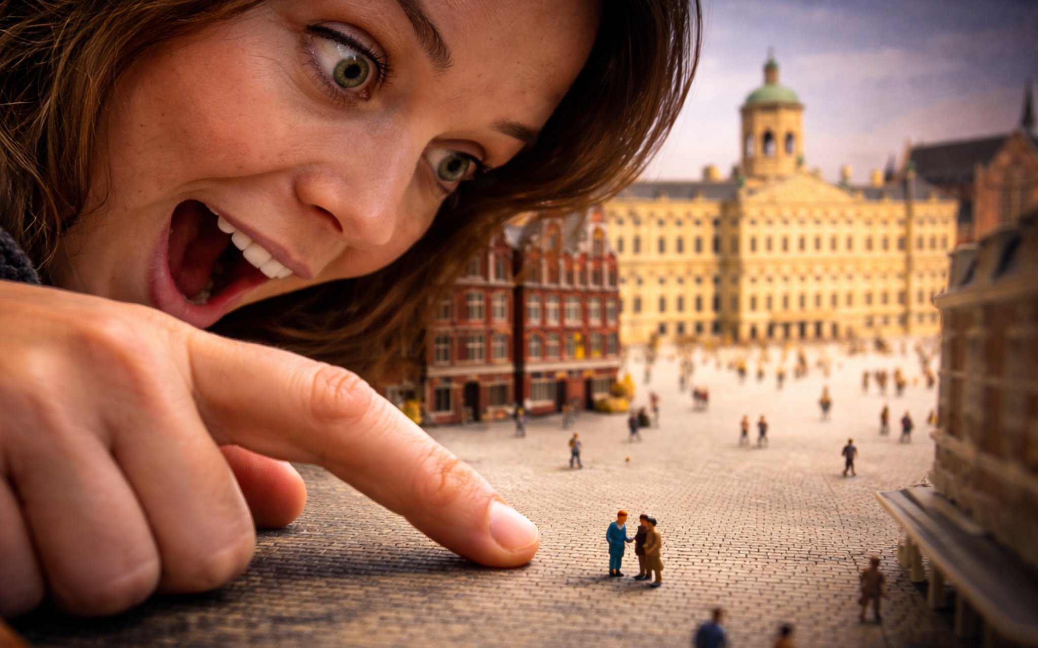 Person interacting with miniature figures at Miniature Museum, Amsterdam.