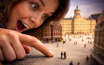 Person interacting with miniature figures at Miniature Museum, Amsterdam.