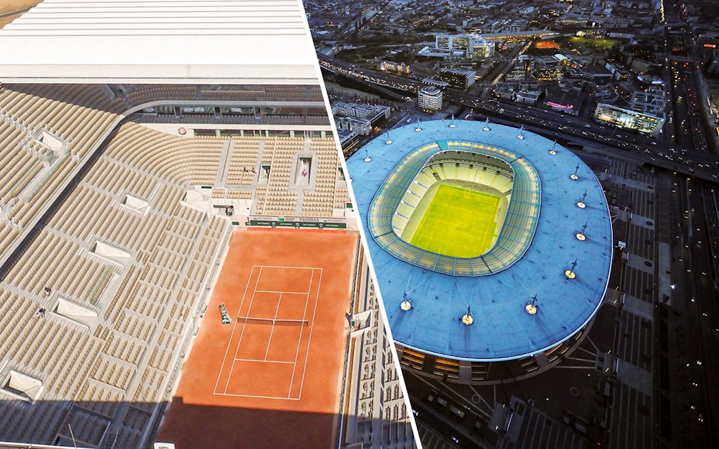 Roland-Garros clay court and Stade de France aerial view in Paris.