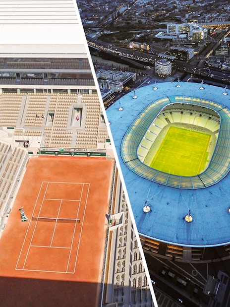 Roland-Garros clay court and Stade de France aerial view in Paris.