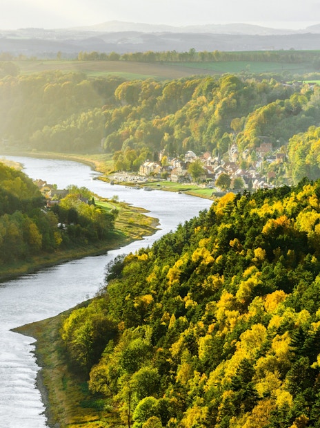 Elbe River winding through lush green hills from Bastei Bridge, Germany.