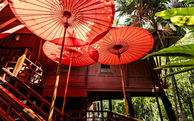 Red parasols at Jim Thompson House Museum, Bangkok, surrounded by tropical greenery.