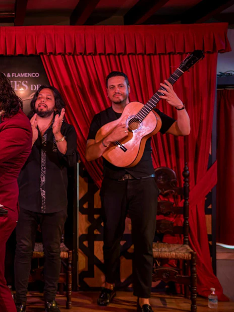 Flamenco dancers and musicians performing at Tablao Jardines de Zoraya.