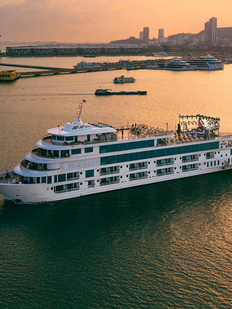 Aerial view of Ambassador cruise ship sailing near city harbor at sunset.