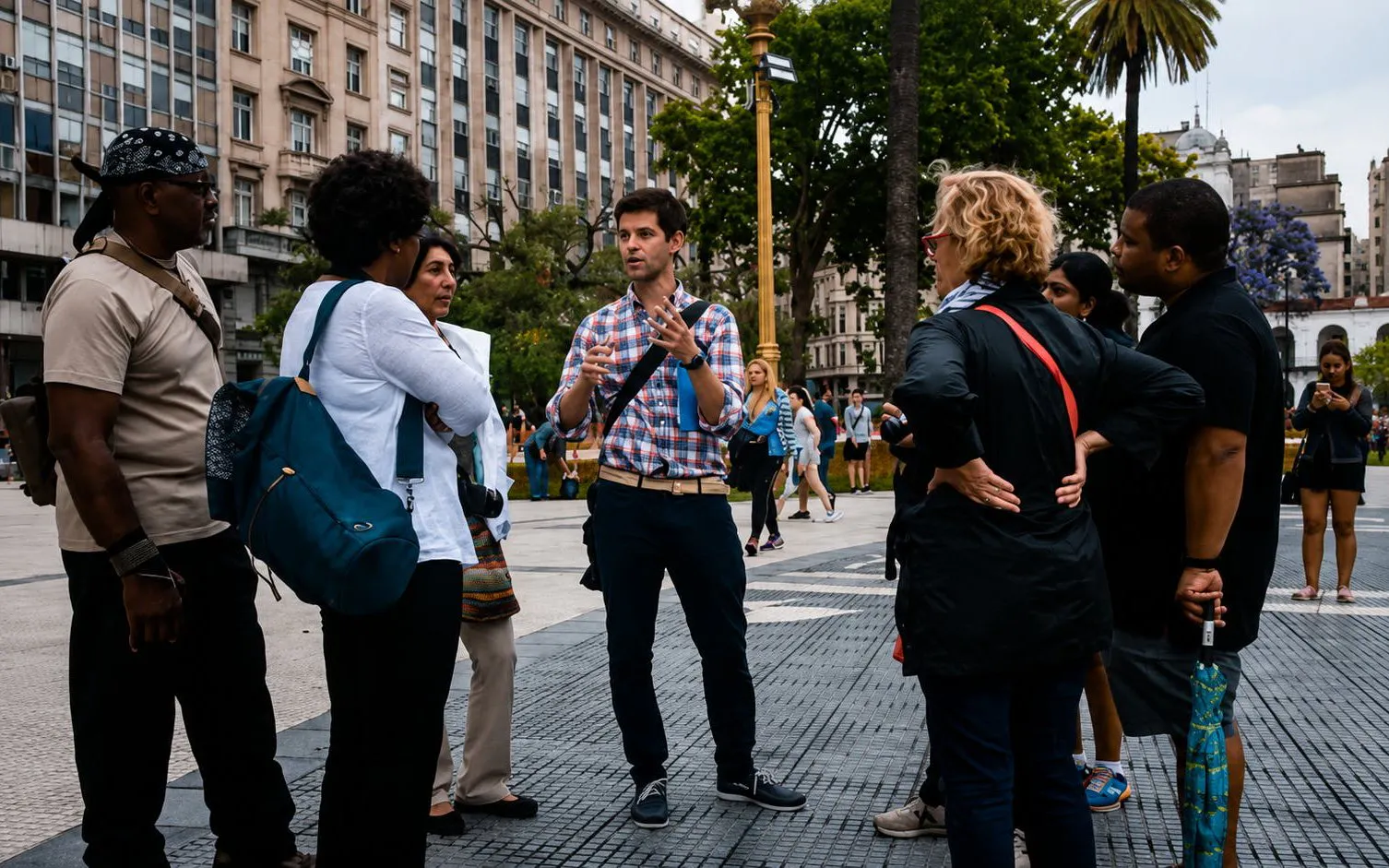 Guided tour group in a Buenos Aires plaza with a guide explaining local history.