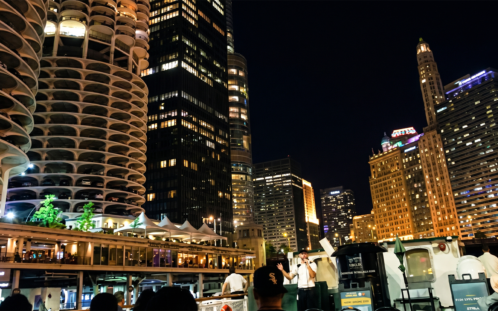 Chicago skyline at night during Haunted River "Creepy Cruise" by First Lady.