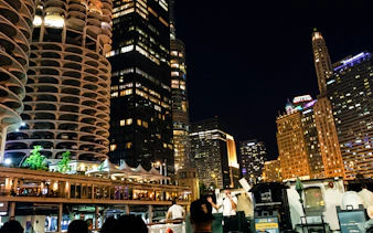 Chicago skyline at night during Haunted River "Creepy Cruise" by First Lady.