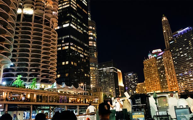 Chicago skyline at night during Haunted River "Creepy Cruise" by First Lady.