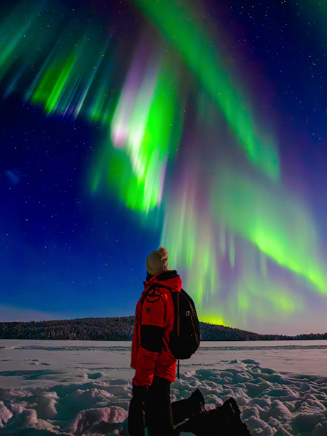 Person observing northern lights on a snowy landscape during AURORA PRO photography expedition.