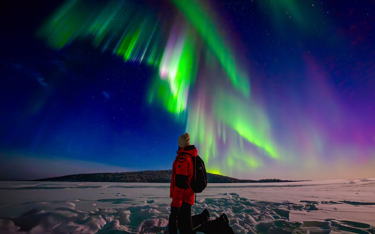 Person observing northern lights on a snowy landscape during AURORA PRO photography expedition.