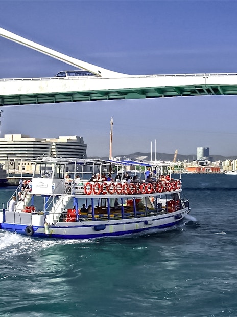 Las Golondrinas boat passing under a bridge in Barcelona harbor.
