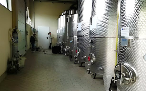 Frascati winery tour with large stainless steel fermentation tanks.