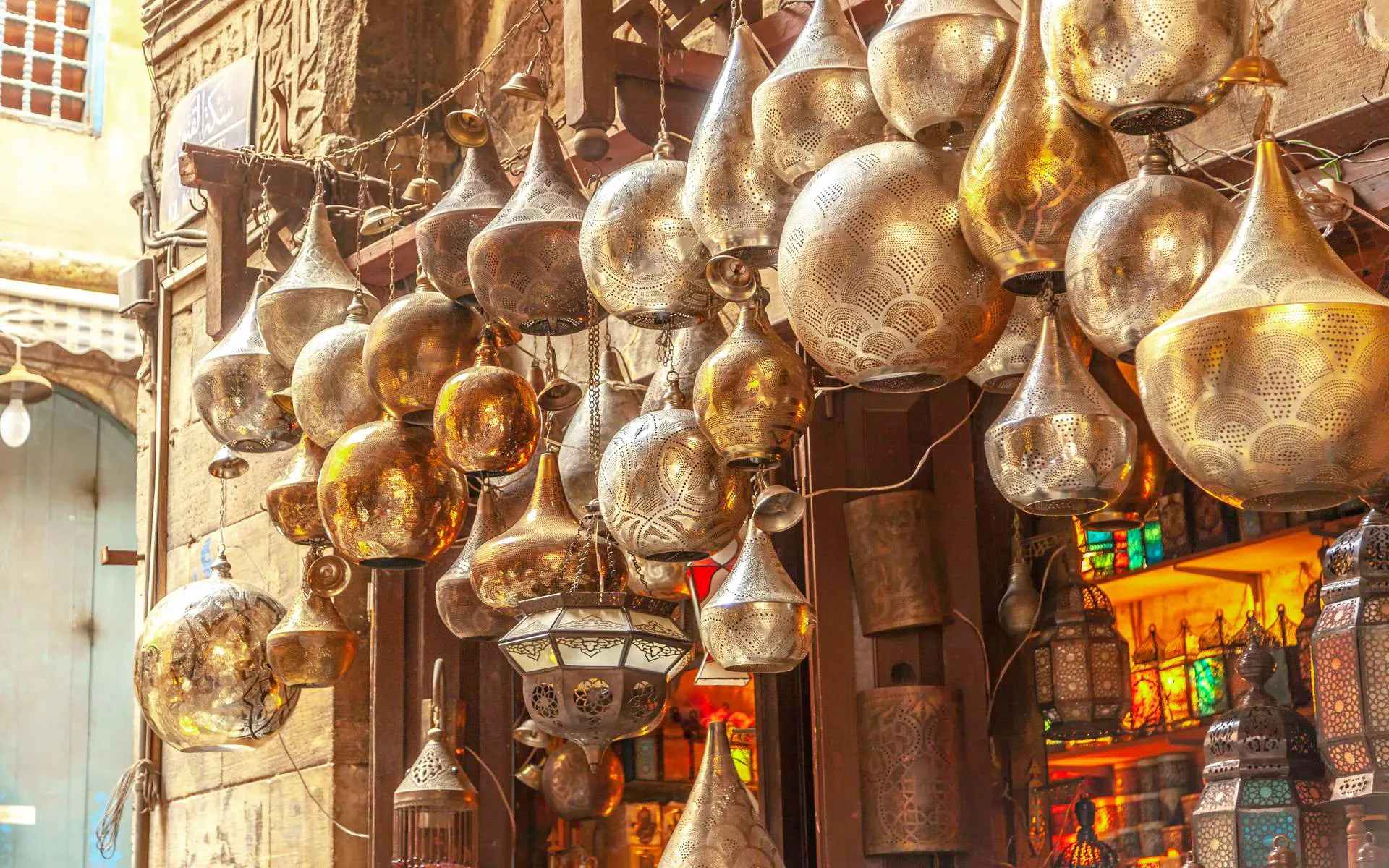 Traditional metal lamps in a Sharm El-Sheikh market, part of the city tour experience.