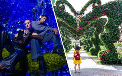 AYA Universe immersive experience and Dubai Miracle Garden floral archway.
