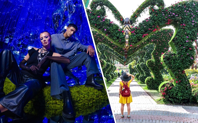AYA Universe immersive experience and Dubai Miracle Garden floral archway.