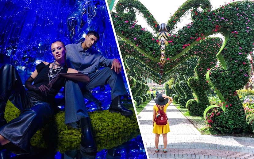 AYA Universe immersive experience and Dubai Miracle Garden floral archway.