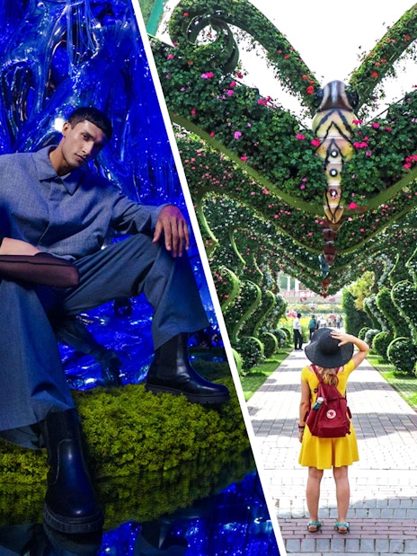 AYA Universe immersive experience and Dubai Miracle Garden floral archway.