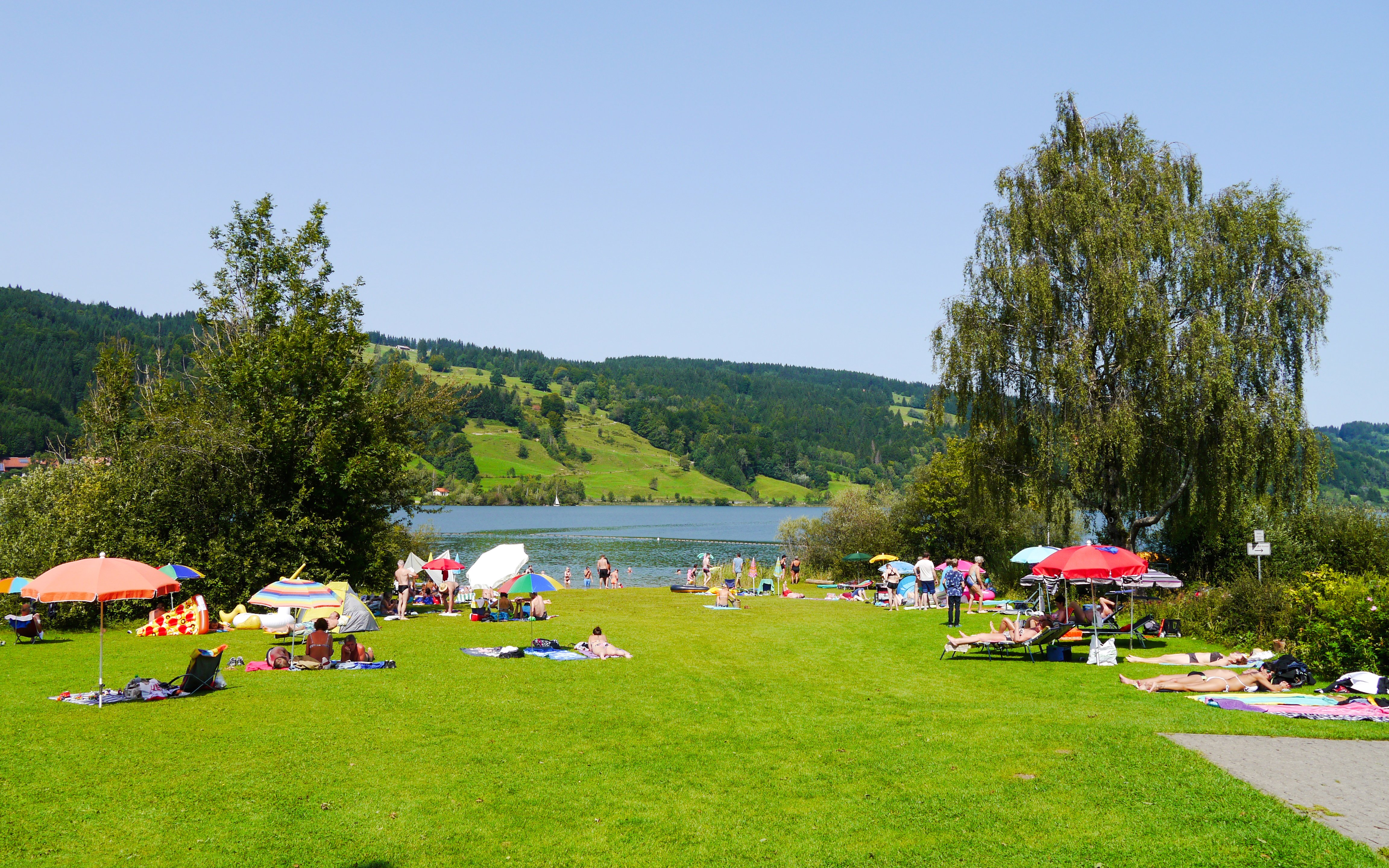 People relaxing by Alpsee lake during the summer festival, surrounded by lush greenery.