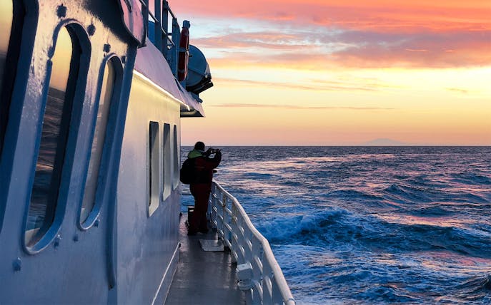 Visitor on a boat watching the ocean during Reykjavik Classic Whales in the Midnight Sun tour.