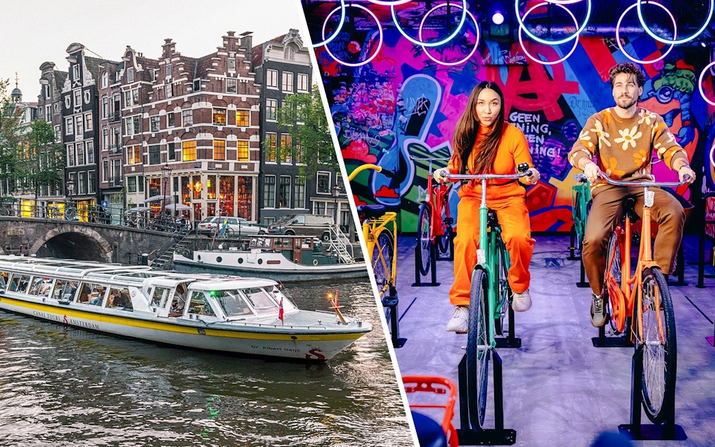 Canal boat tour in Amsterdam and indoor cycling experience with colorful graffiti backdrop.