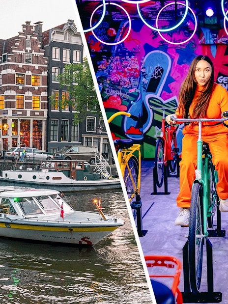 Canal boat tour in Amsterdam and indoor cycling experience with colorful graffiti backdrop.