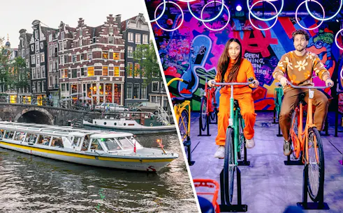 Canal boat tour in Amsterdam and indoor cycling experience with colorful graffiti backdrop.